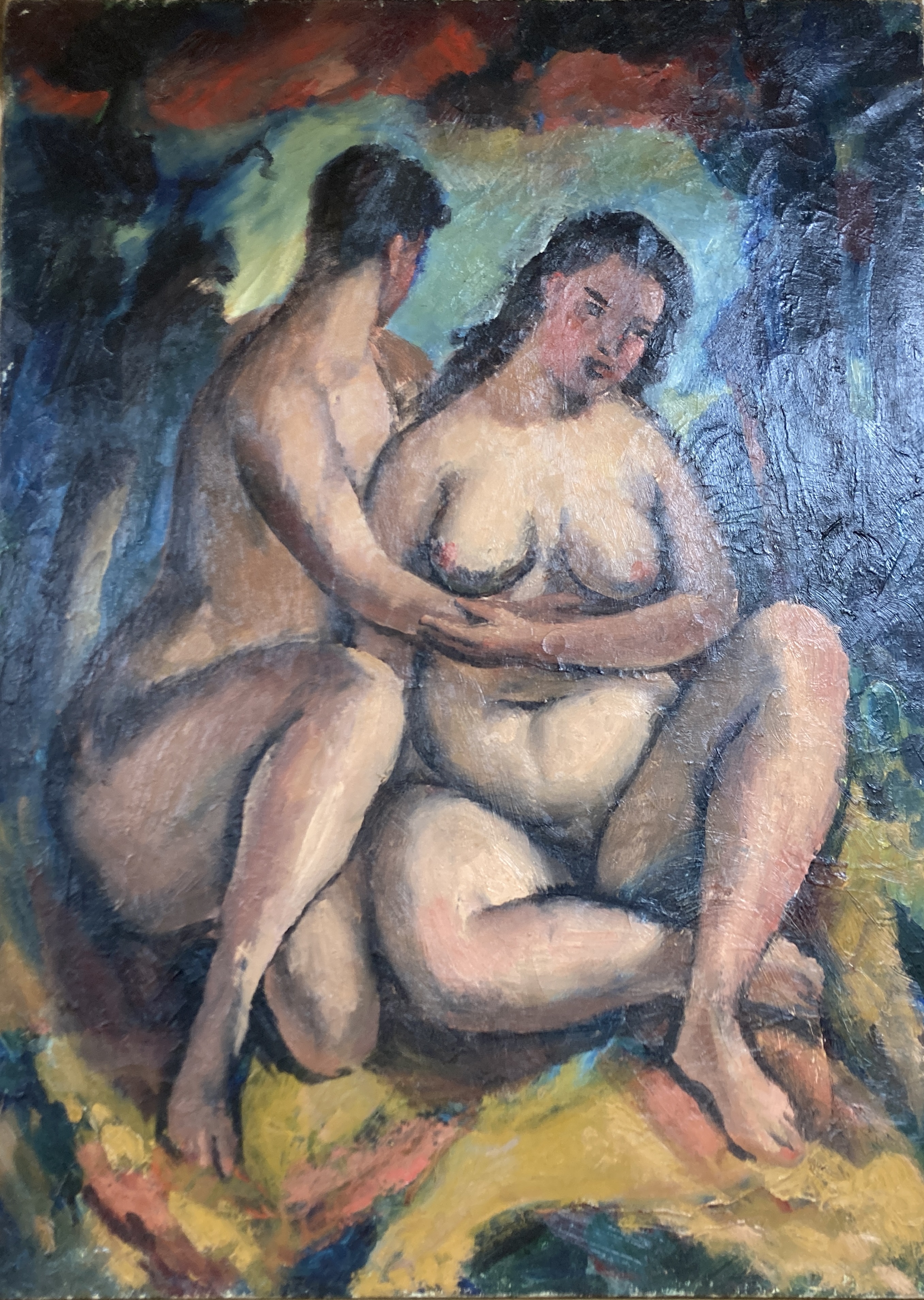 Robert Baker (1902-1992), Nude couple in a landscape, Oil on canvas, 77 x 56 cm. unframed